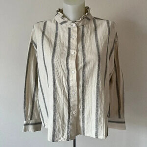 Mod Ref Striped Button Blouse Boxy Relaxed Ruffle Collar Minimalist Cotton Sz M